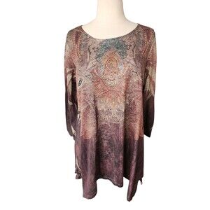 Cal Style Tunic Top Womens M Whimsigoth Vintage Y2K Brown Asymmetric Medallion